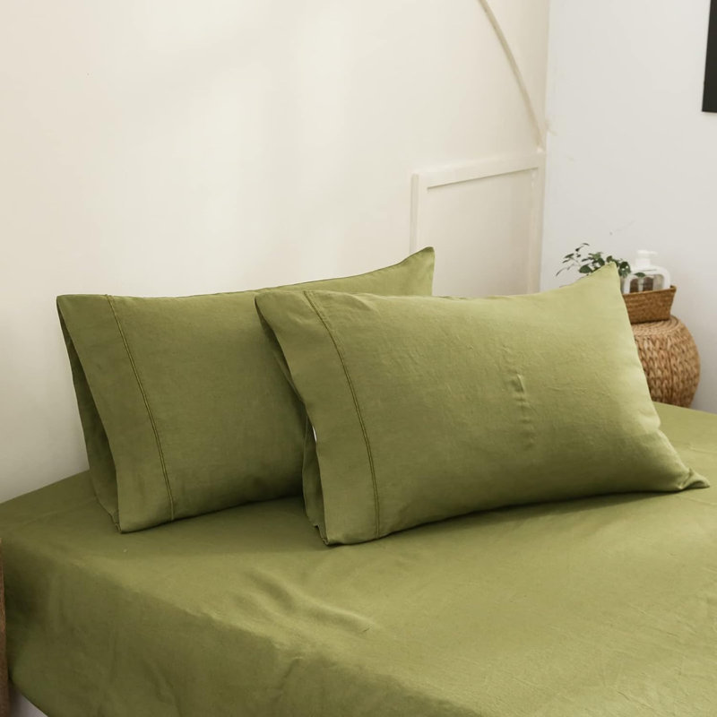 Ensemble de taie d'oreiller 100% lin français avec 2 taies d'oreiller de couleur unie délavées, Vert olive