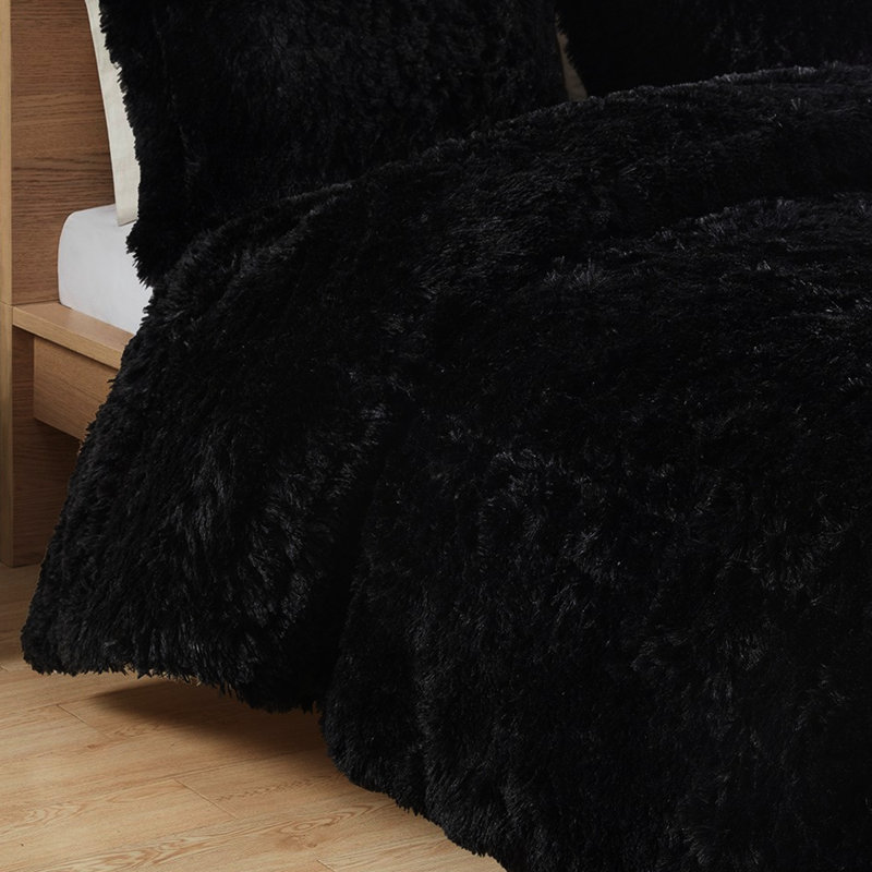 Très grand / très grand édredon en fourrure à poils longs - noir chaud pour la chambre à coucher 2 taies décoratives assorties longues, douces et envoûtantes