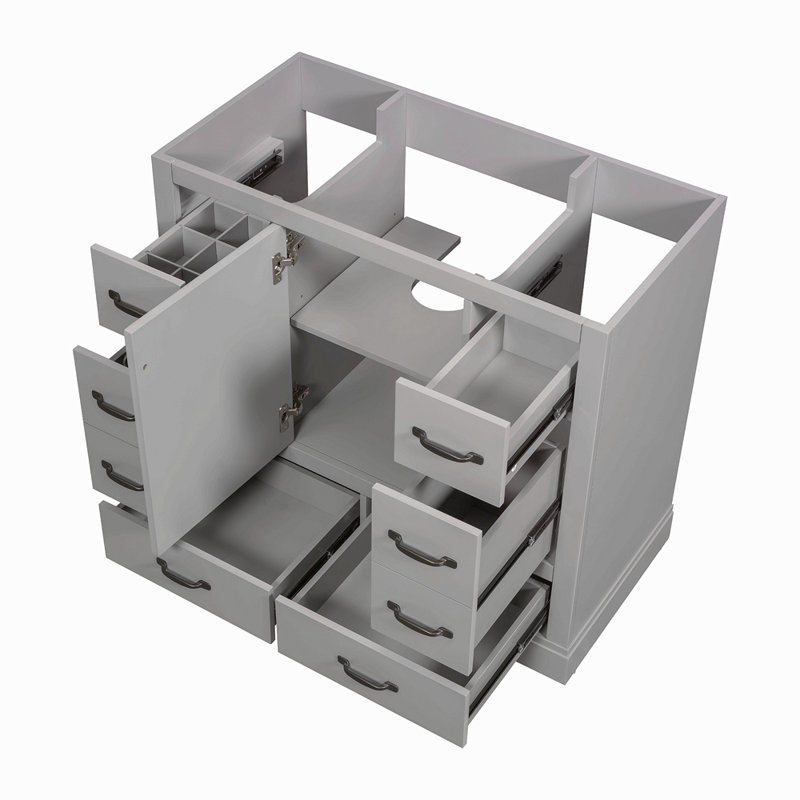 Meuble-lavabo 36 po sans lavabo, base d'armoire seulement, six tiroirs, diviseur de tiroir multifonctionnel, tablette réglable