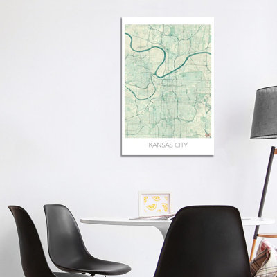 Kansas City Vintage Blue Watercolor Urban Blueprint Map 1 Piece Wrapped Canvas Wall Art