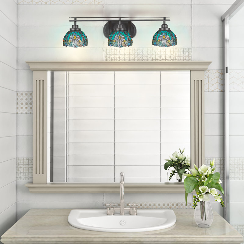 Barre d'éclairage de salle de bain 3 lumières Molesley avec verre d'art cyprès de 7 po, Bleu clair