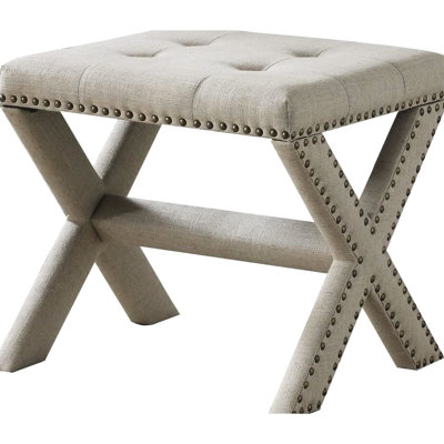 Banc rembourré en tissu naturel avec garniture cloutée, bois franc d'ingénierie, rembourrage en mousse, profondeur de 19 po, hauteur de 18 po, mélange de lin et garniture pour espace de vie principal, structure en bois franc, mousse à haute densité,