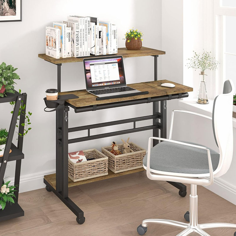 Adjustable Rolling Computer Desk With 3 Desktops
