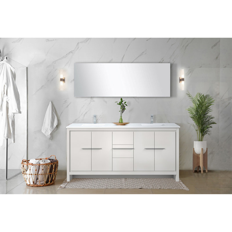 Meuble-lavabo double blanc 72 po X P 20 po D, dessus en quartz blanc et robinet chromé
