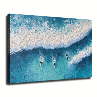 Vue aérienne des surfeurs sur les vagues de l'océan, empâtement épais, reproduction d'art sur toile tendue pour grand salon pour chambre à coucher