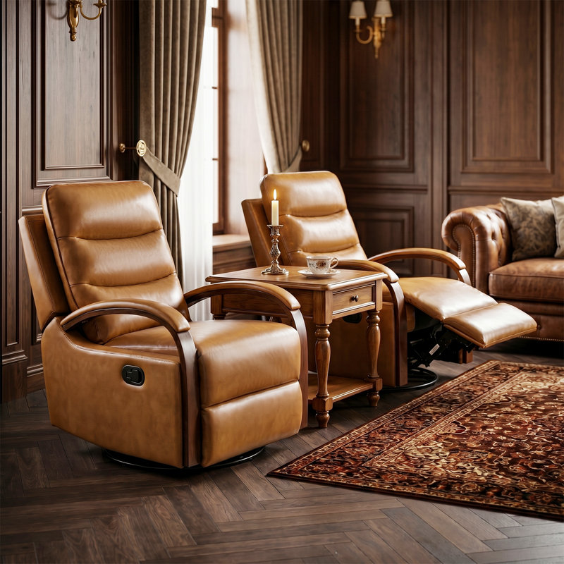 Azilda 29" Wide Genuine Leather Manual Swivel Rocking Standard Recliner, Camel