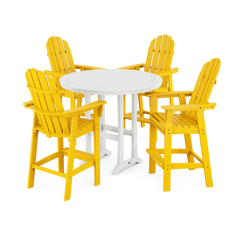 POLYWOOD Vineyard Curveback Adirondack 5-Piece Nautical Trestle Bar Set, Lemon/White