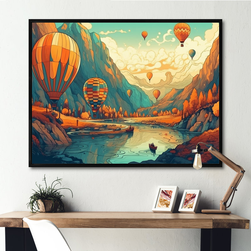 High In The Sky Hot Air Ballon sur impression sur toile, H 30 po x l 40 po x P 1,5 po, Cadre flottant noir