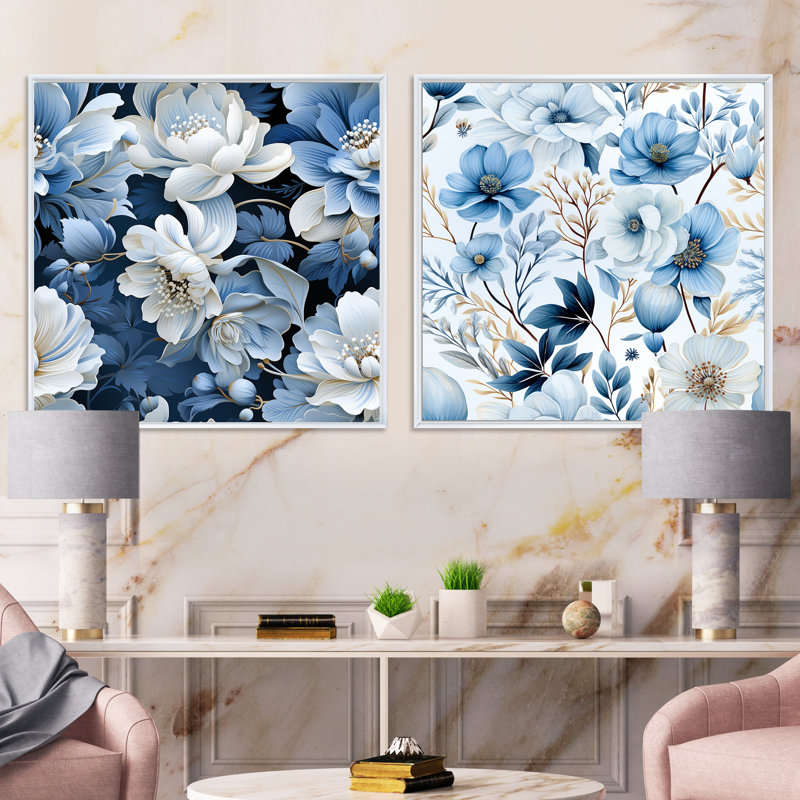 Fresnes - Ensemble de 2 collages floraux carrés, H 16 po x l 33 po, Cadre flottant blanc