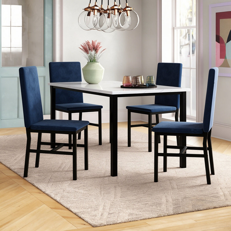Ensemble repas 5 pièces avec chaises rembourrées en velours Janece, Marbre blanc / velours bleu, Bleu