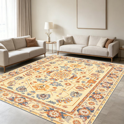 Tapis persan crème à motif floral en médaillon de 1 pièce pour le salon, doux et confortable, adapté à toutes les saisons, facile à entretenir, lavable à la machine, tapis de ferme sous la table convenant à la salle à manger, à la chambre à coucher, à l'entrée, au patio arrière,