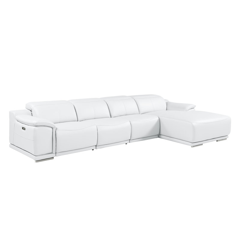 Canapé modulaire blanc en L en cuir véritable 4 pièces faisant face à droite avec 1 fauteuil inclinable électrique et appuis-tête réglables