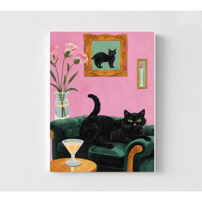 Décoration murale chat noir: aquarelle rose (encadrée ou non)