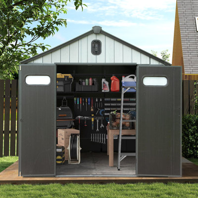 Remise de rangement extérieure en résine 8 x 8 pi avec porte verrouillable, remises extérieures imperméables avec fenêtres et évents, remise en plastique robuste pour les meubles de patio, tondeuse à gazon, vélo