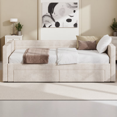 Twin Size Upholstered Extendable Daybed Frame with Trundle and Storage Drawers, Space-Saving Twin to King Chenille Fabric Sofa Bed for Living Room, Gu