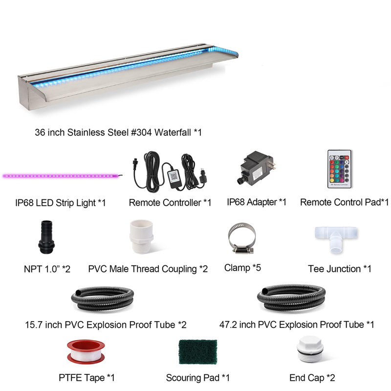 Outdoor Stainless Steel Waterfall Fountain with Lights, 36" H x 4" W x 3" D