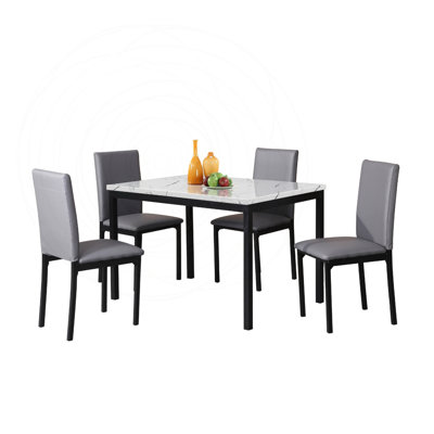 5-Piece Metal Dining Set with Off-White Faux Marble Top