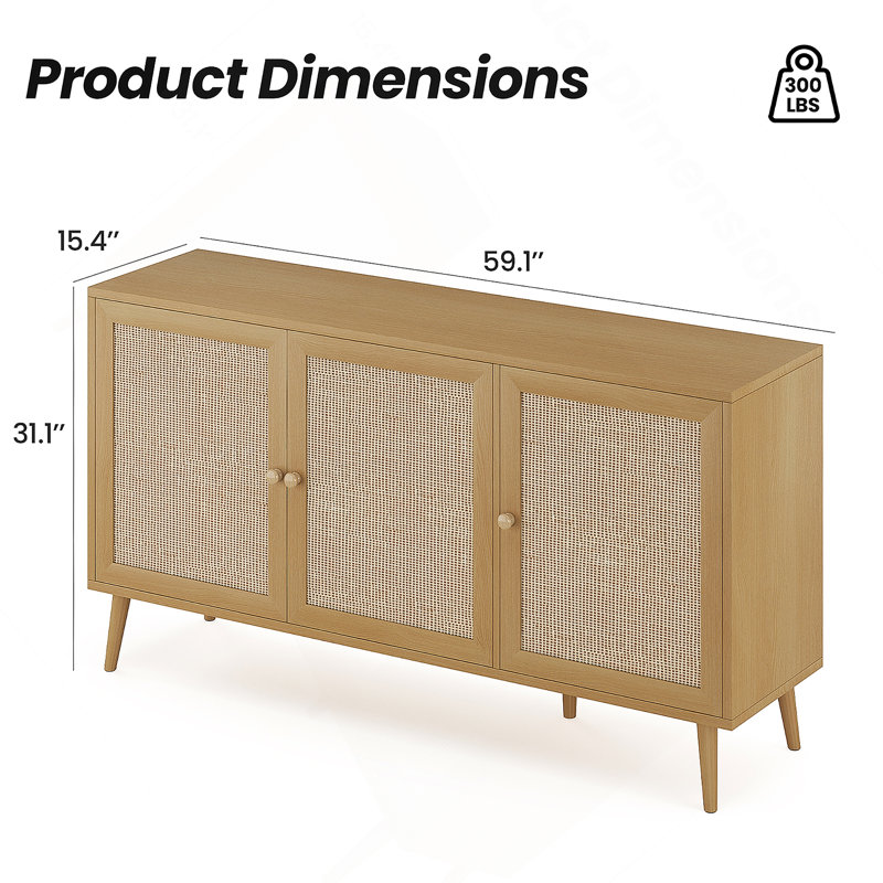 Sideboard Buffet Cabinet With 3 Rattan Doors, Kitchen Storage Cabinet For Entryway Living Room, Natural