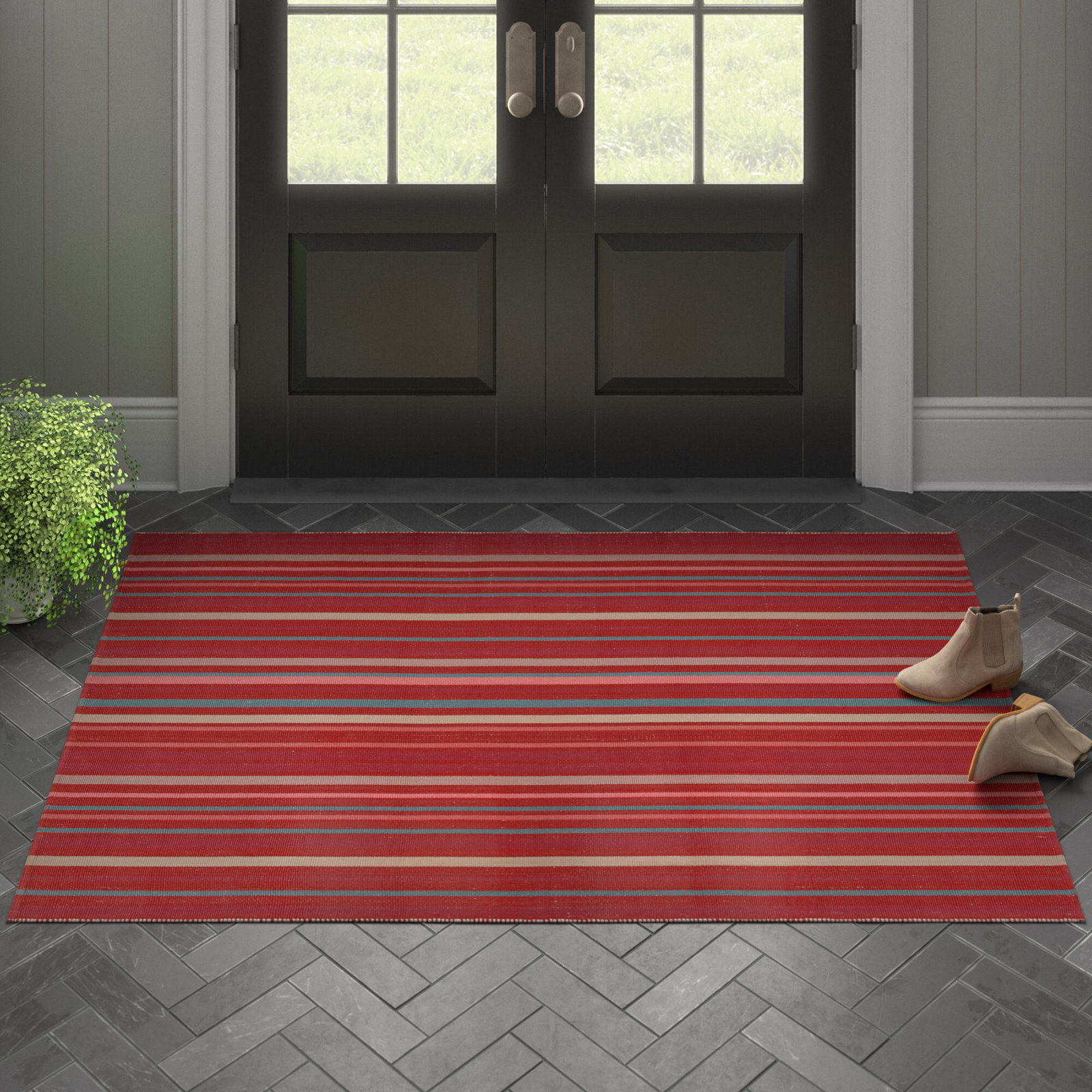 Etha Red Blue Cream Hand-Woven Striped Rug, Rectangle 9' x 12'