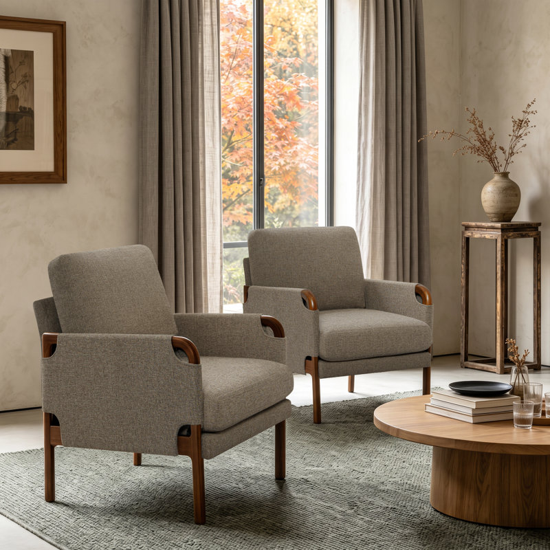 Chaises d'appoint Mid-Century modernes en tissu avec accoudoirs courbés en bois massif, ensemble de 2, Khaki