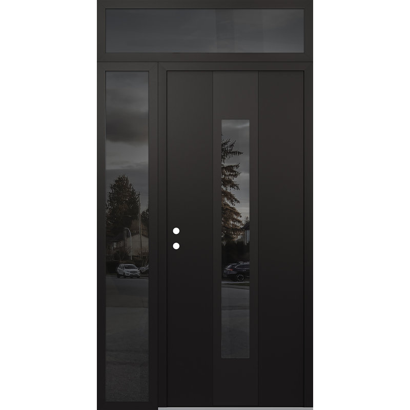 Porte d'entrée pré-suspendue en acier noir avec panneau latéral droit et traverse gauche, Réfléchissant