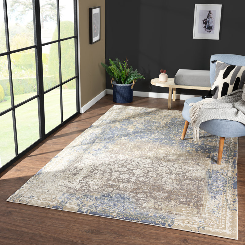 Ophelia Lux Classic Floral Blue/Gray Rug with High-Low Texture, Rectangle 2' x 3'