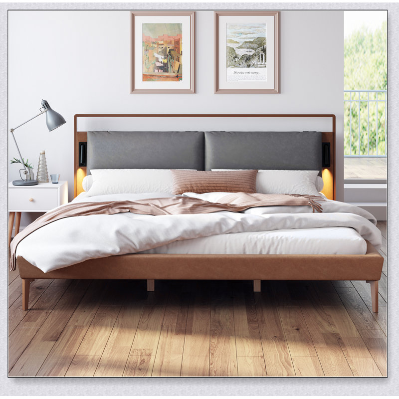 Brown&Gray Leather Bed With 2Pcs Night Lights, King