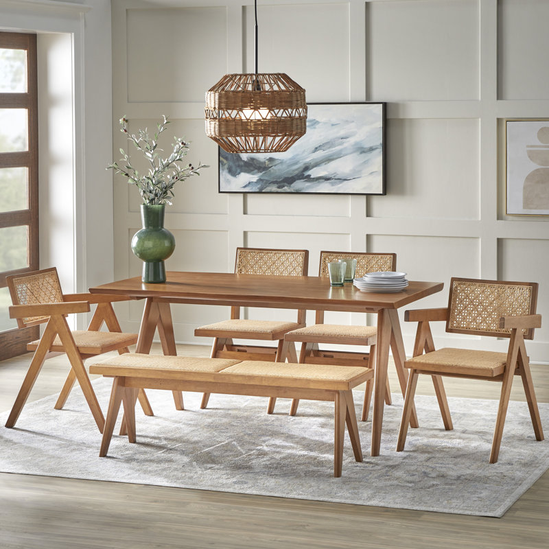 6 Piece Condit Live Edge Solid Wood and Rattan Dining Set with Bench