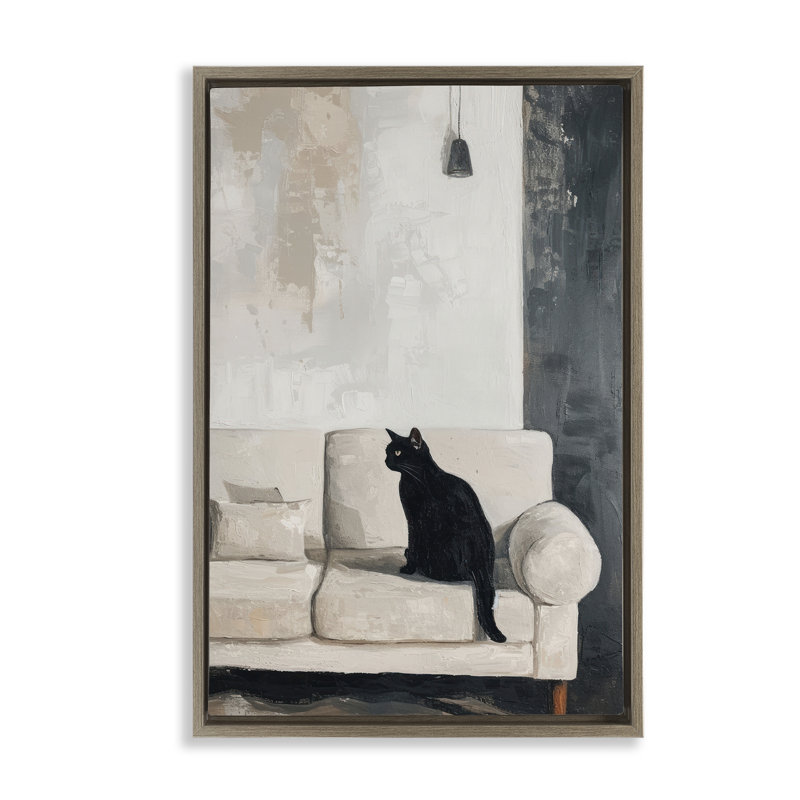 Chat noir sur canapé, art mural sur toile flottante, design par LSR Creative Studio, H 25 po x l 17 po