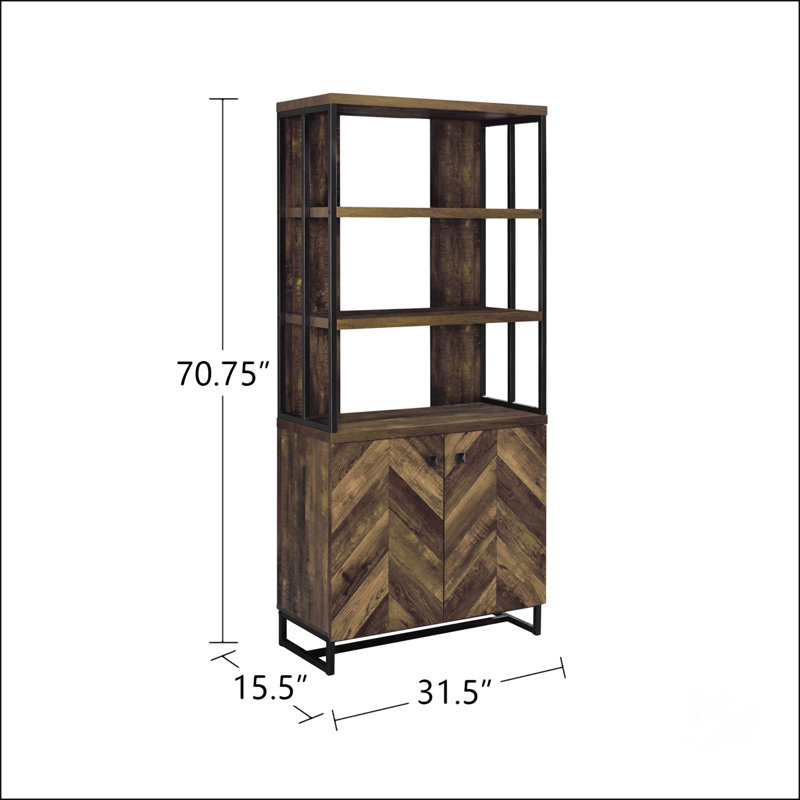 Bibliothèque 2 portes en chêne rustique à chevrons et bronze industriel