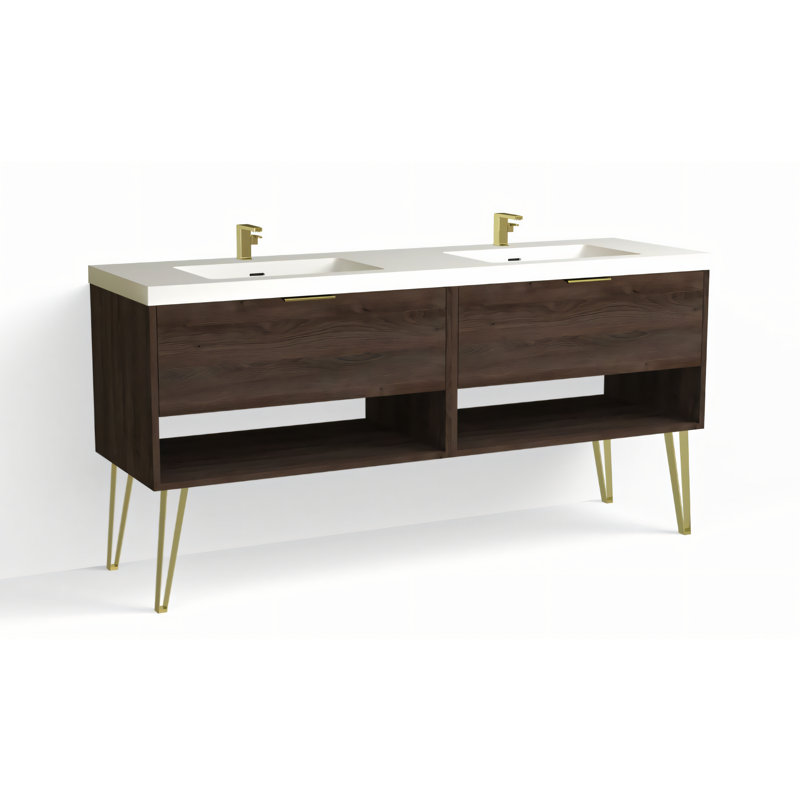 Modo 72" W Freestanding Double Bathroom Vanity with Dawson Leg, Matte White/Single, White Acrylic, Satin Brass