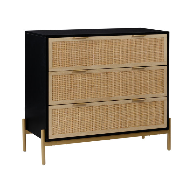 3-Drawer Rattan Dresser with Metal Legs, Black/Gold, Black Oak/Gold