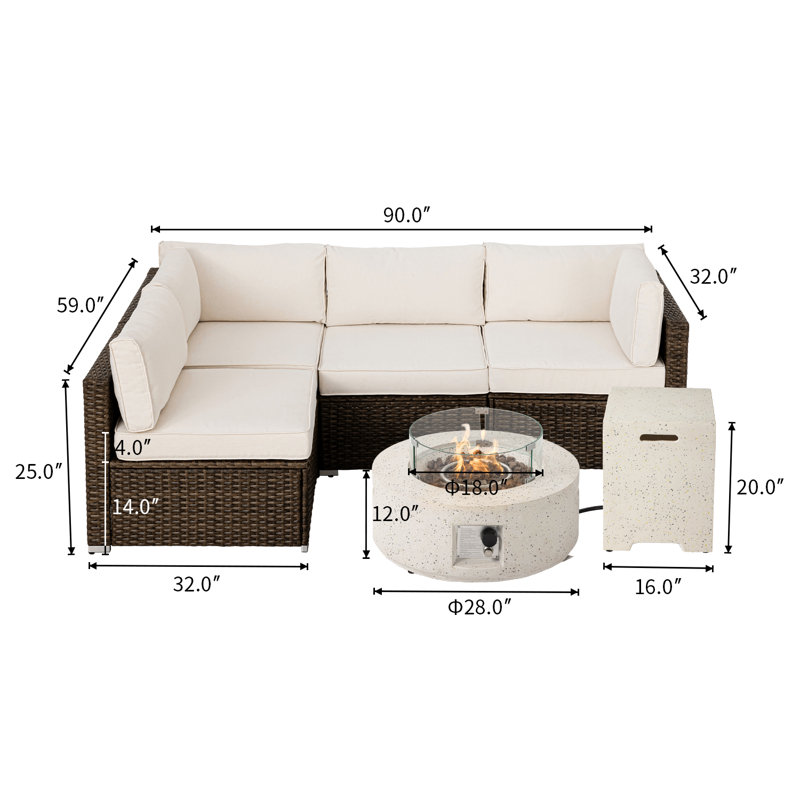 Ensemble de conversation modulaire en rotin 6 pièces avec coussins Tamaryn