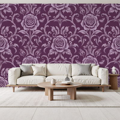 Papier peint adhésif rétro avec motif damassé rétro rose et mauve à motif floral damassé rétro H 69 po x l 96 po amovible, papier peint mural en PVC pour chambre à coucher, bureau à domicile