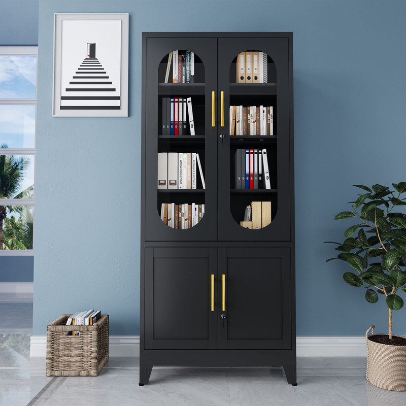 Metal Vertical Home Office Filing Cabinet with Glass Doors and 3 Adjustable Shelves, Black