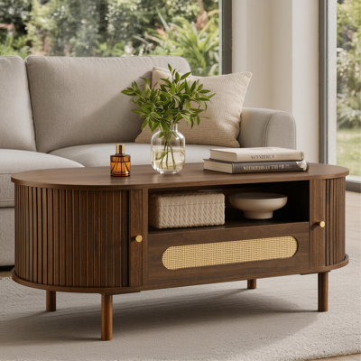 Table basse ovale moderne de 47,2 po avec porte coulissante en rotin, tiroir et rangement ouvert, pieds en bois massif