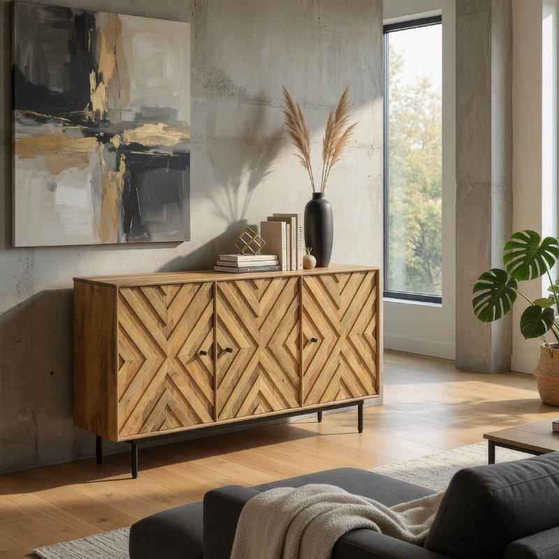 Console de buffet, portes à motif de losanges 3 portes, brun, 58 po