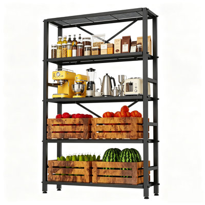 Étagères de rangement robustes en métal à 5 ​​niveaux, hauteur 167 cm (65,7 po), unités de rangement en acier pour garage avec cadre en X et fil métallique dense, pieds réglables, idéales pour la cuisine, le garde-manger, le sous-sol, l'entrepôt et les usages commerciaux et professionnels.