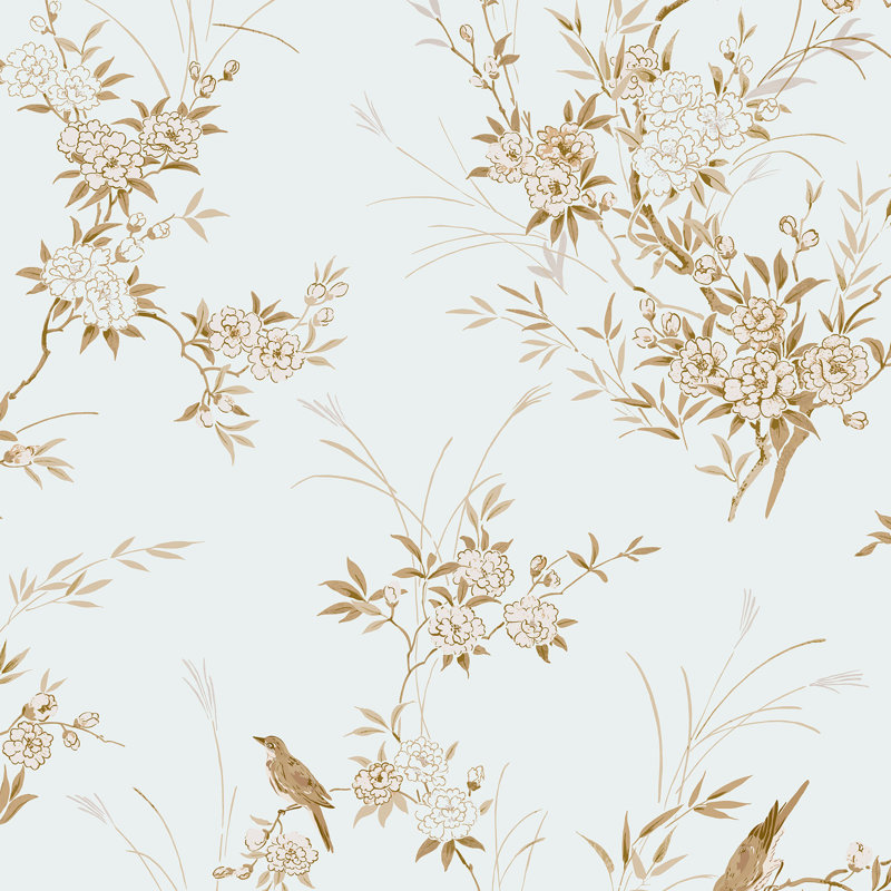 Rachel Ashwell Bird Chinoiserie Pink Gold Wallpaper, Light Blue