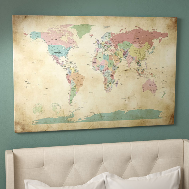 « world villes map » par michael tompsett-impression sur image, H 26 po x l 40 po x P 1,5 po, Toile avec cadre noir patiné