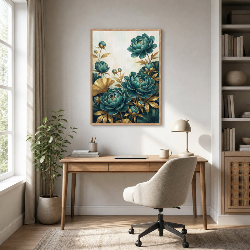 Art mural sur toile fleurs de pivoine sarcelle avec feuilles dorées, H 48 po x l 32 po