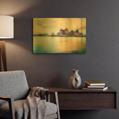 «Iconic Battersea Power Station pendant Sunset II» par Mark A Paulda, art mural en métal doré, 24 po x 16 po