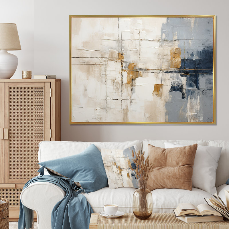 Minimalisme beige et or scandinave - art mural sur toile scandinave, Cadre flottant doré, H 24 po x l 32 po x P 1 po
