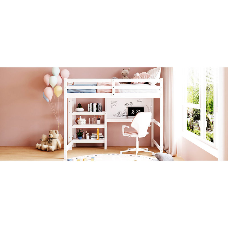 Lit mezzanine double en bois blanc avec tablettes et bureau. Fabrication en pin. Maximisez l'efficacité de l'espace. Polyvalent pour étudier et se détendre. Aucun sommier tapissier requis. L 79,5 po x l 57 po x H 65 po. Supports