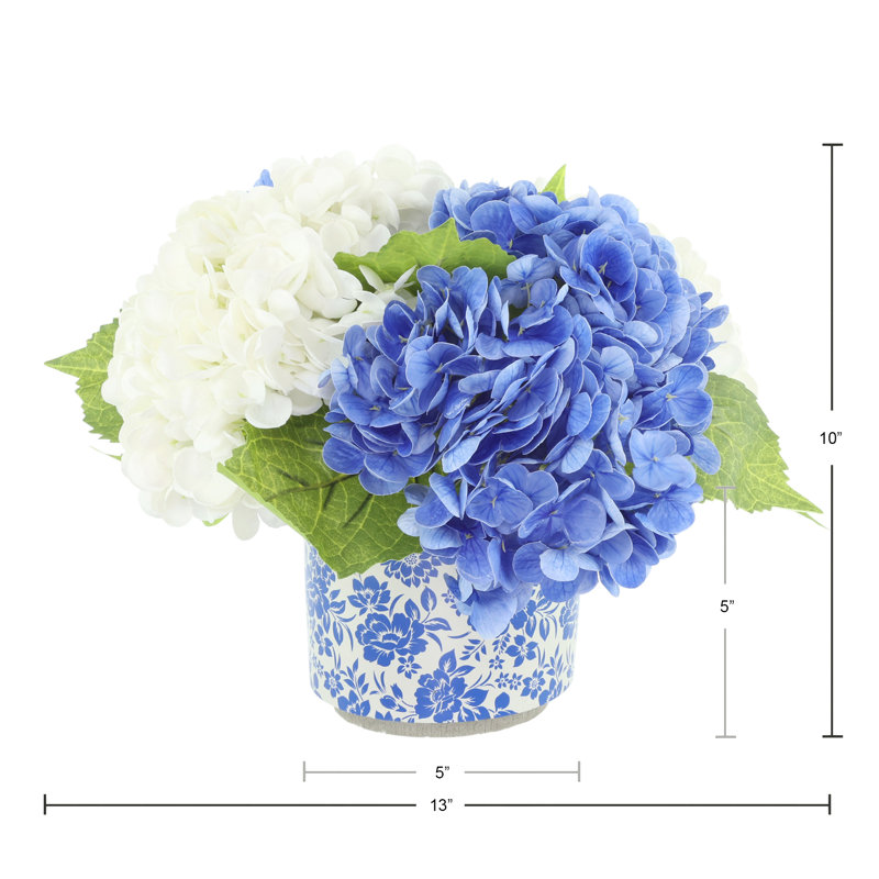 Hydrangeas Arranged in Decorative Ceramic Pot, Blue/White/Green