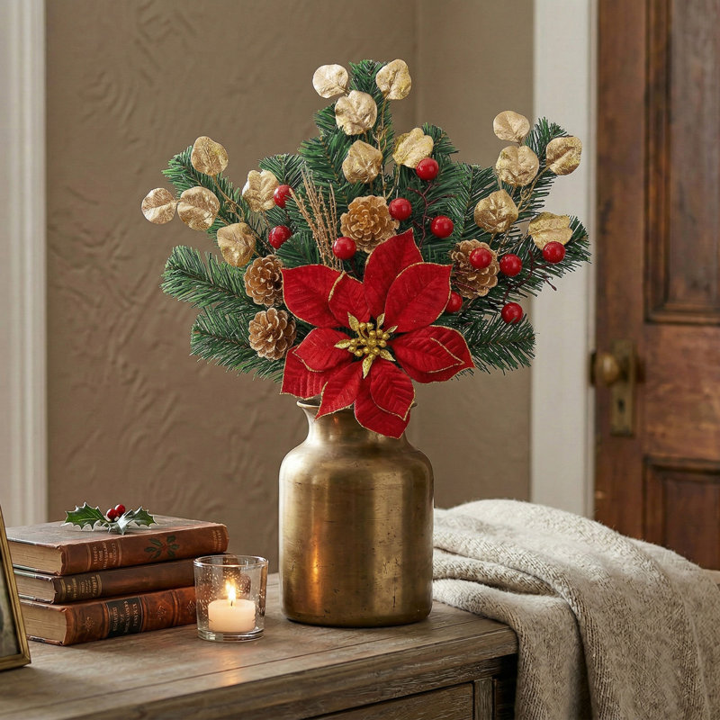 Poinsettia rouge et jet de pomme de pin doré - ensemble de 2