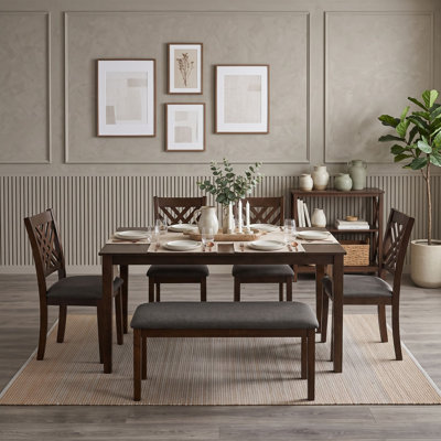 6-Piece Dining Table Set, Rectangular Wood Dining Table with 4 Upholstered Cross-Back Chairs and Bench