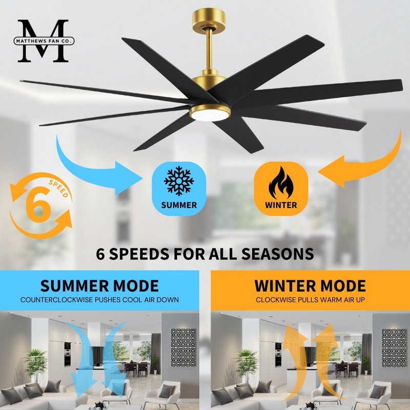 Ariella - Eight Blade Ceiling Fan - Integrated LED - Matte Black Finish - Matte White Blades, Brushed Brass, Matte Black