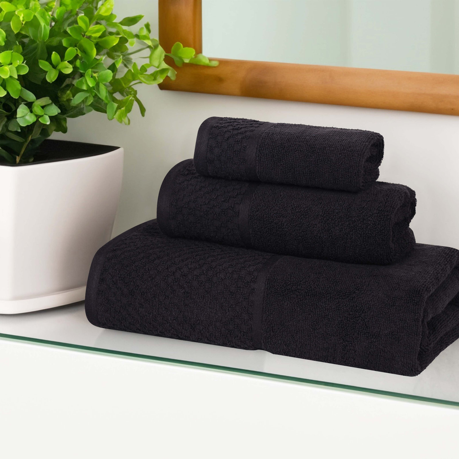 Eliora Lodie Cotton Plush Soft Absorbent Jacquard Solid 3 Piece Towel Set, Black/Ivory