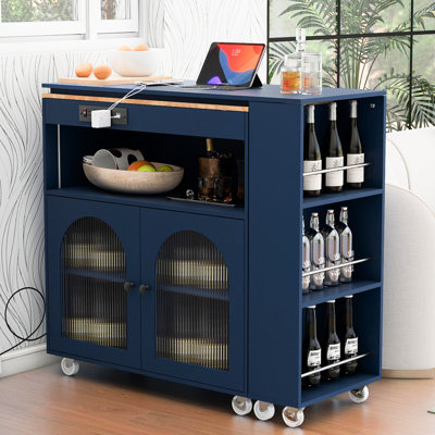 Kitchen Island With Extended Table, Ports, White, Contemporary & Stylish Look European Style Ports - Led Lights, Fluted Glass Doors, Storage, White